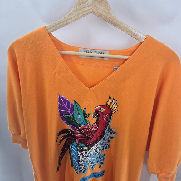 Vintage Karen Scott Orange Upcycled Lorikeet Parrot Applique Short Sleeved Top L - Picture 6 of 16